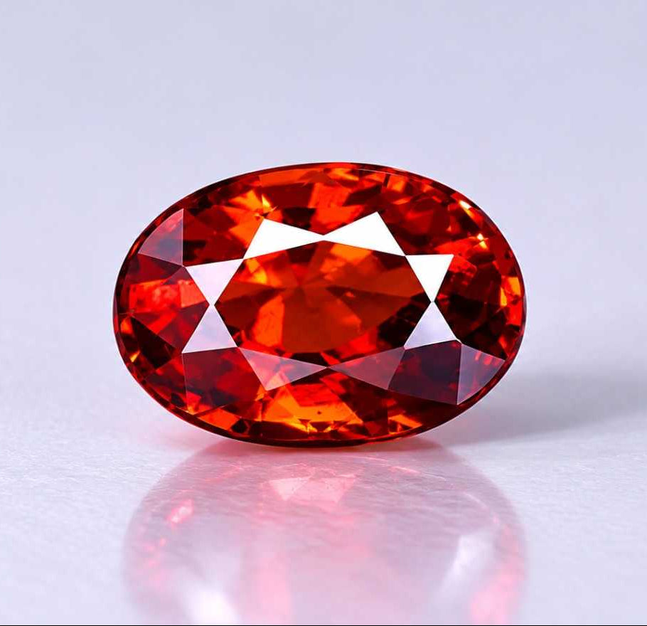 Red gemstone on a reflective surface with a light gray background