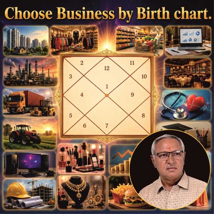 Vedic birth chart surrounded by various business industries like manufacturing, retail, technology, farming, and an expert business astrologer.