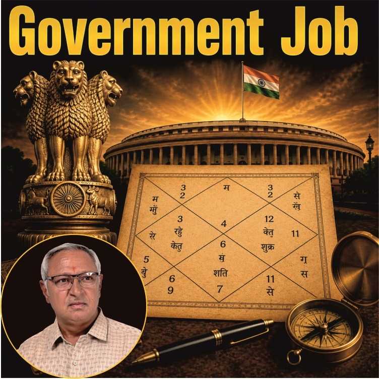 Government job astrology consultation with Indian parliament background, Ashoka emblem, birth chart, and career astrologer.