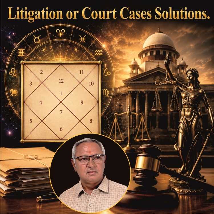  Litigation and court cases solutions graphic with a Vedic birth chart, courthouse, Lady Justice statue, and an expert astrologer.