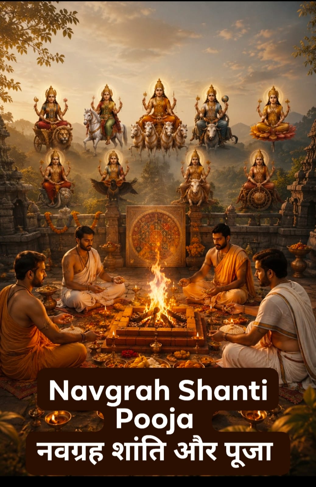 पवित्र अग्नि के सामने नवग्रह शांति पूजा करते हुए पुरोहित और पृष्ठभूमि में नौ ग्रह देवताओं की दिव्य छवि