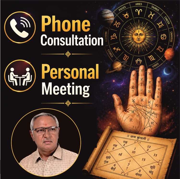 Phone consultation and personal meeting service with an astrology birth chart, a palmistry hand model, and a professional astrologer.