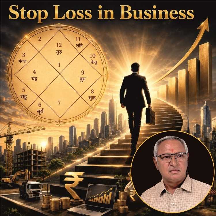 A businessman walking up stairs towards a golden light with a Vedic astrology chart backdrop and an expert business astrologer.