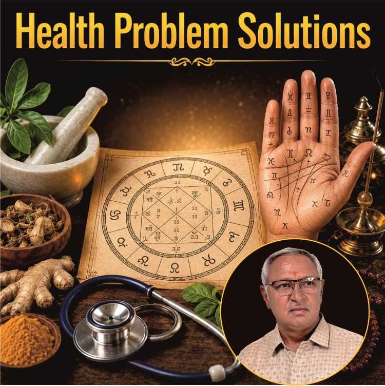  Vedic medical astrology chart with a stethoscope, ayurvedic herbs, palmistry markings, and an astrologer for health problem solutions.
